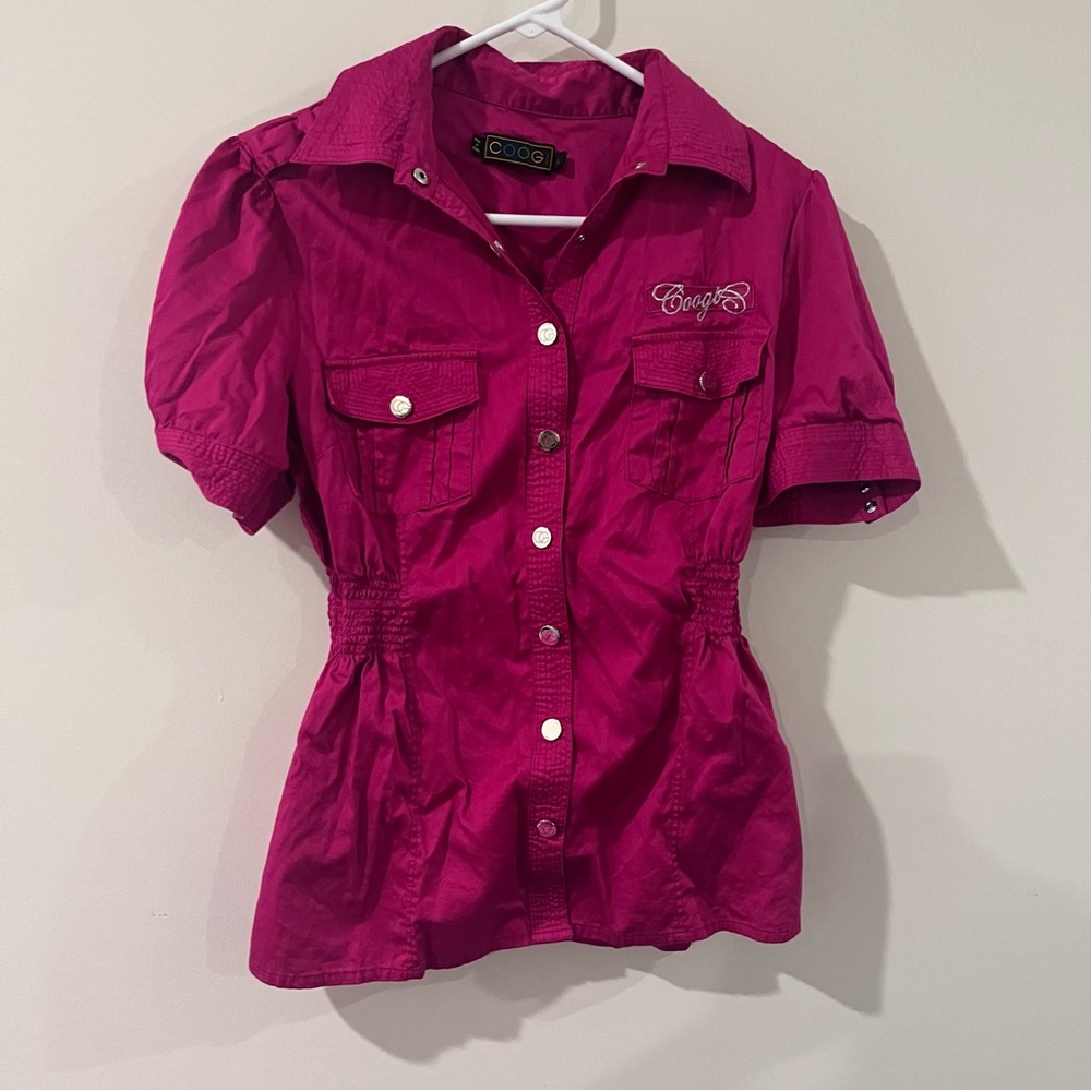 Coogi Hot Pink Snap Up Shirt with Rhinestone Detail and Pockets Large